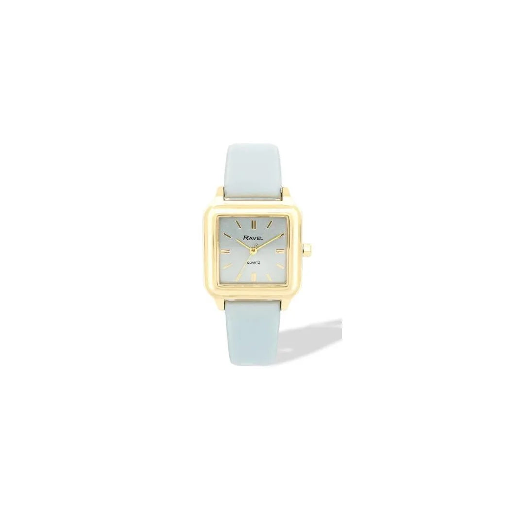 Ravel Ladies Summertime Square Gold-Tone Watch with Light Blue Faux Leather Strap, 28mm