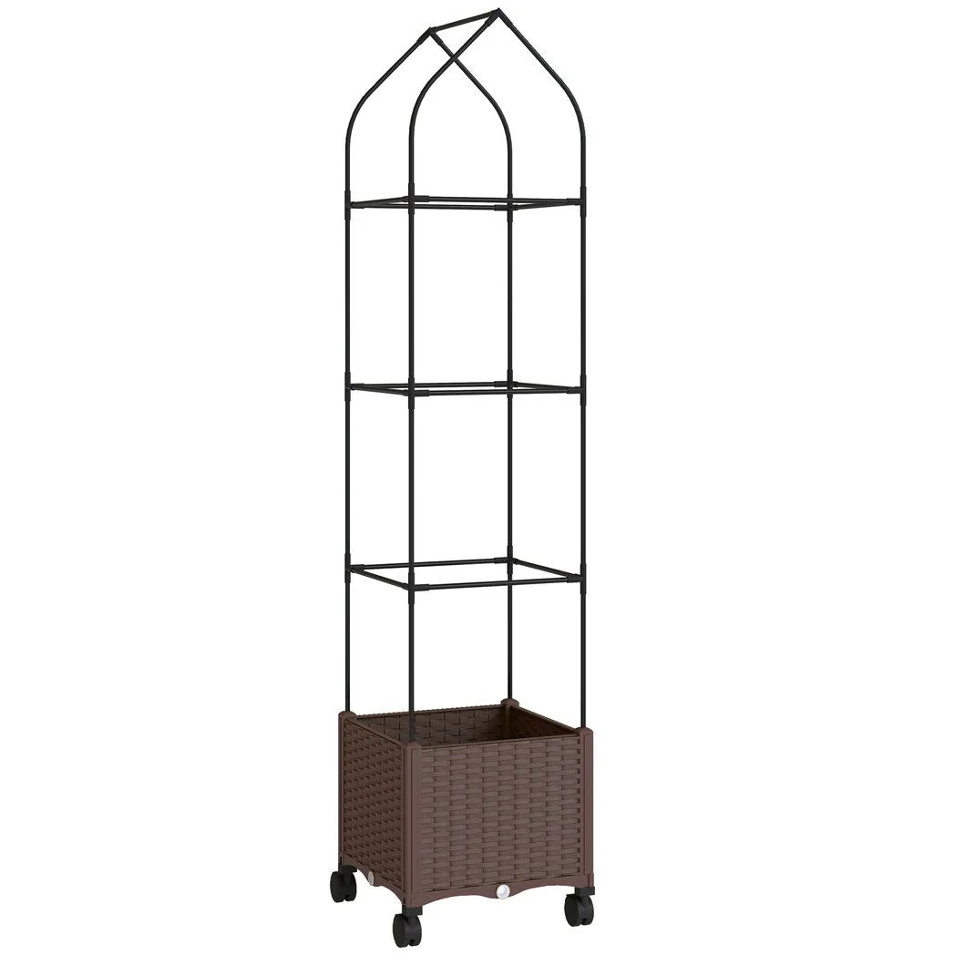 Outsunny Self-Watering Raised Garden Bed with Trellis & Lockable Wheels – 40 x 40 x 182cm, Brown