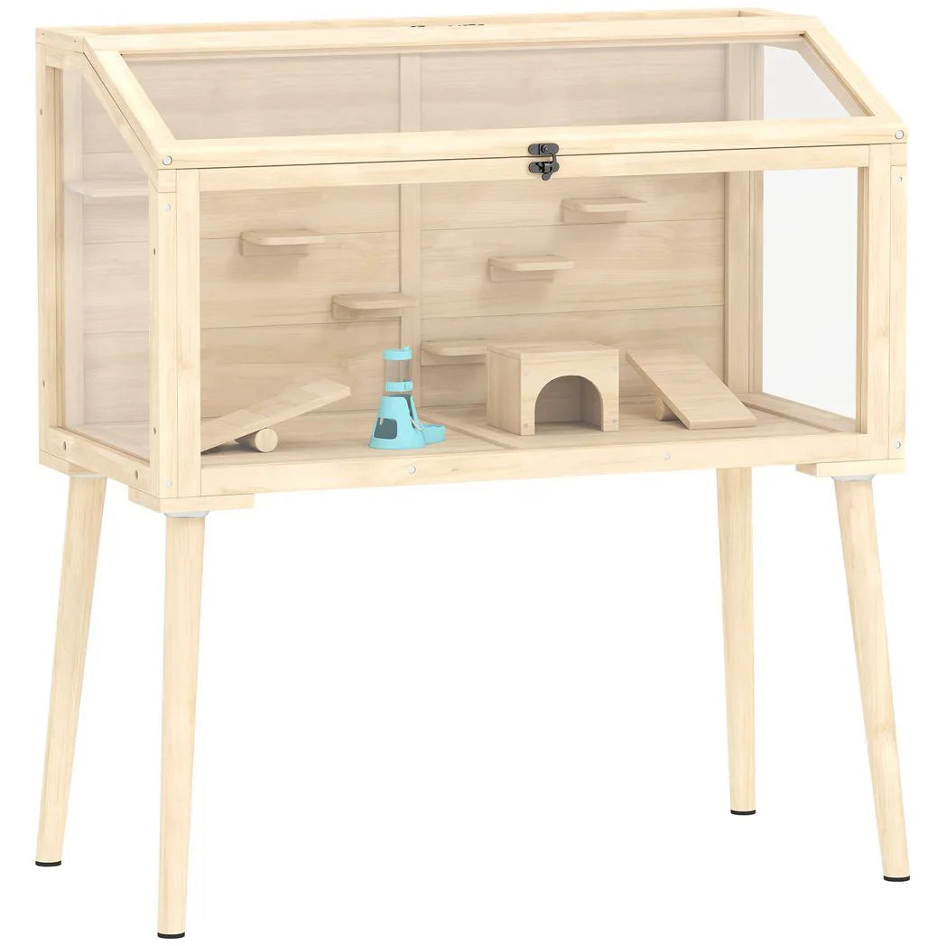 PawHut Wooden Hamster Cage with Openable Top, Seesaws and Water Bottle – Gerbil Habitat, 110 x 52 x 101 cm