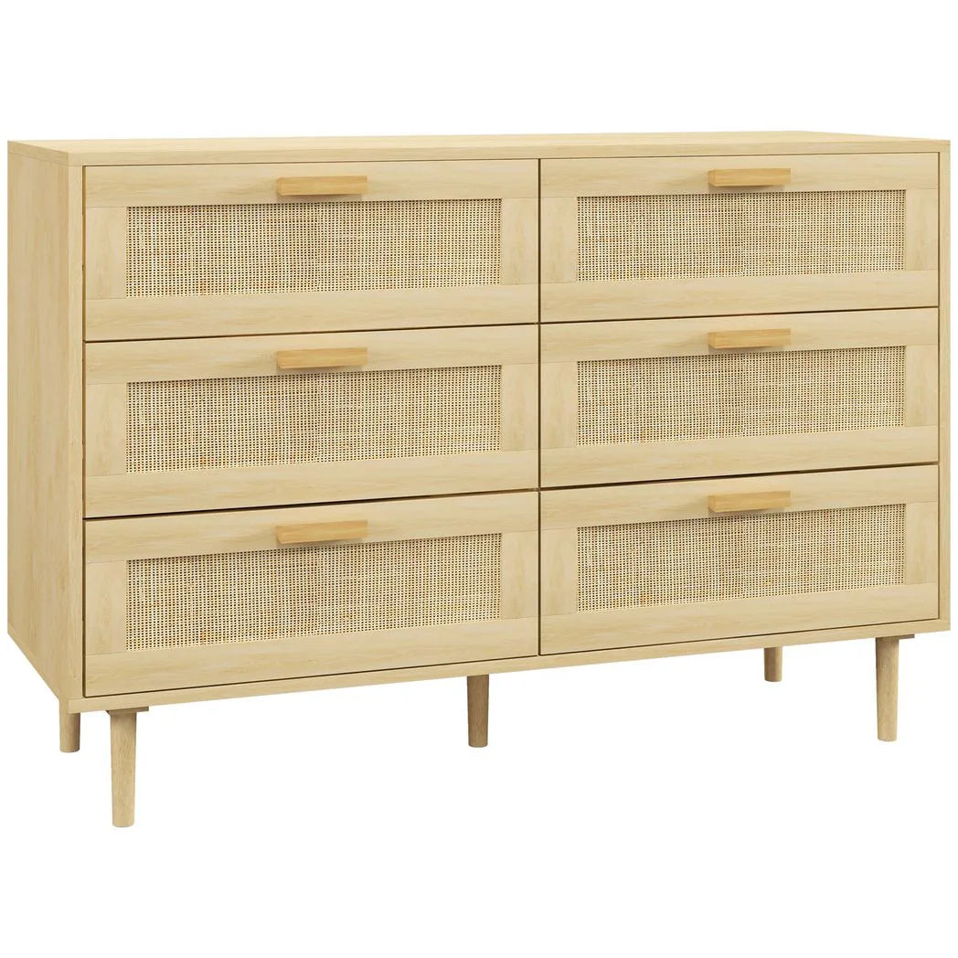 HOMCOM 6-Drawer Tall Chest of Drawers with Rattan Elements – Boho Bedroom and Living Room Storage Unit, Oak