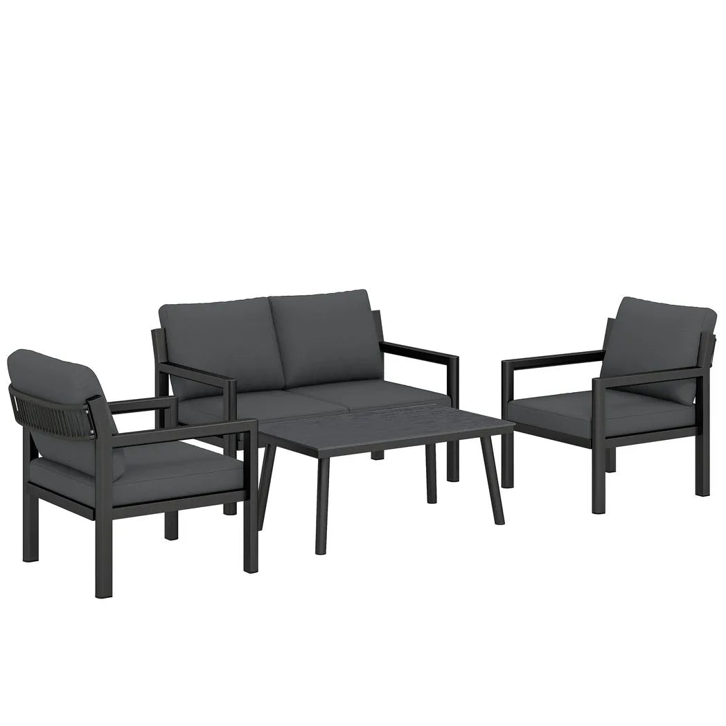Outsunny 4 Seater Rattan Garden Set with 2 Armchairs, Loveseat, Coffee Table and Cushions – Dark Grey