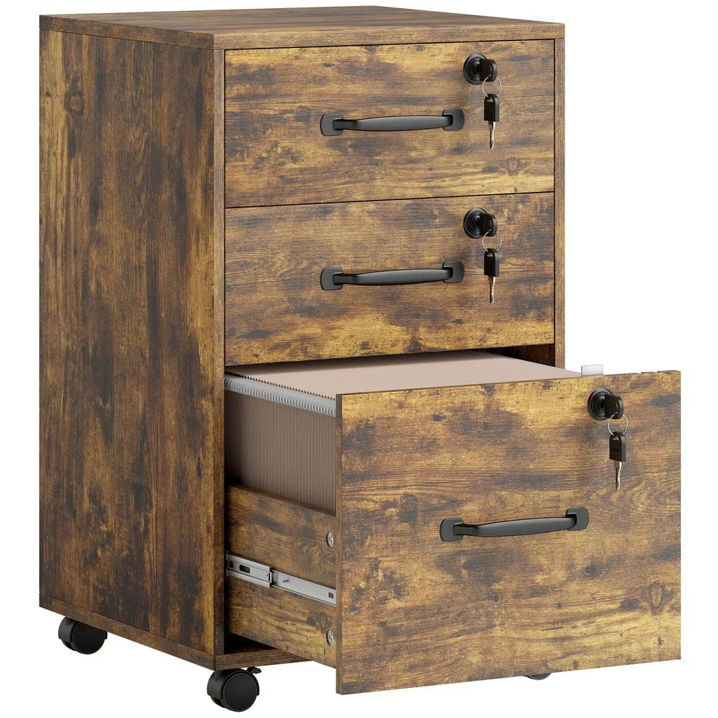 HOMCOM Three-Drawer Wood-Effect Filing Cabinet with Locks and Wheels – Under Desk Storage, Rustic Brown