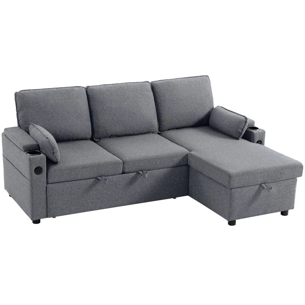 HOMCOM Corner Sofa Bed with Reversible Storage Chaise, Pocket Springs and USB Charging – L Shaped, Grey
