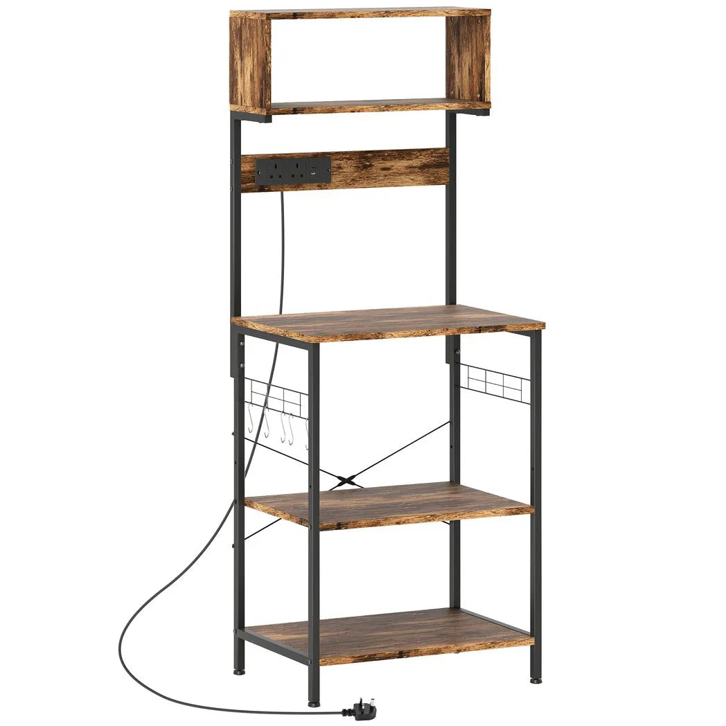 HOMCOM Kitchen Storage Rack with Power Outlets, USB Chargers and Hooks – Bakers Rack, Coffee Station, Rustic Brown