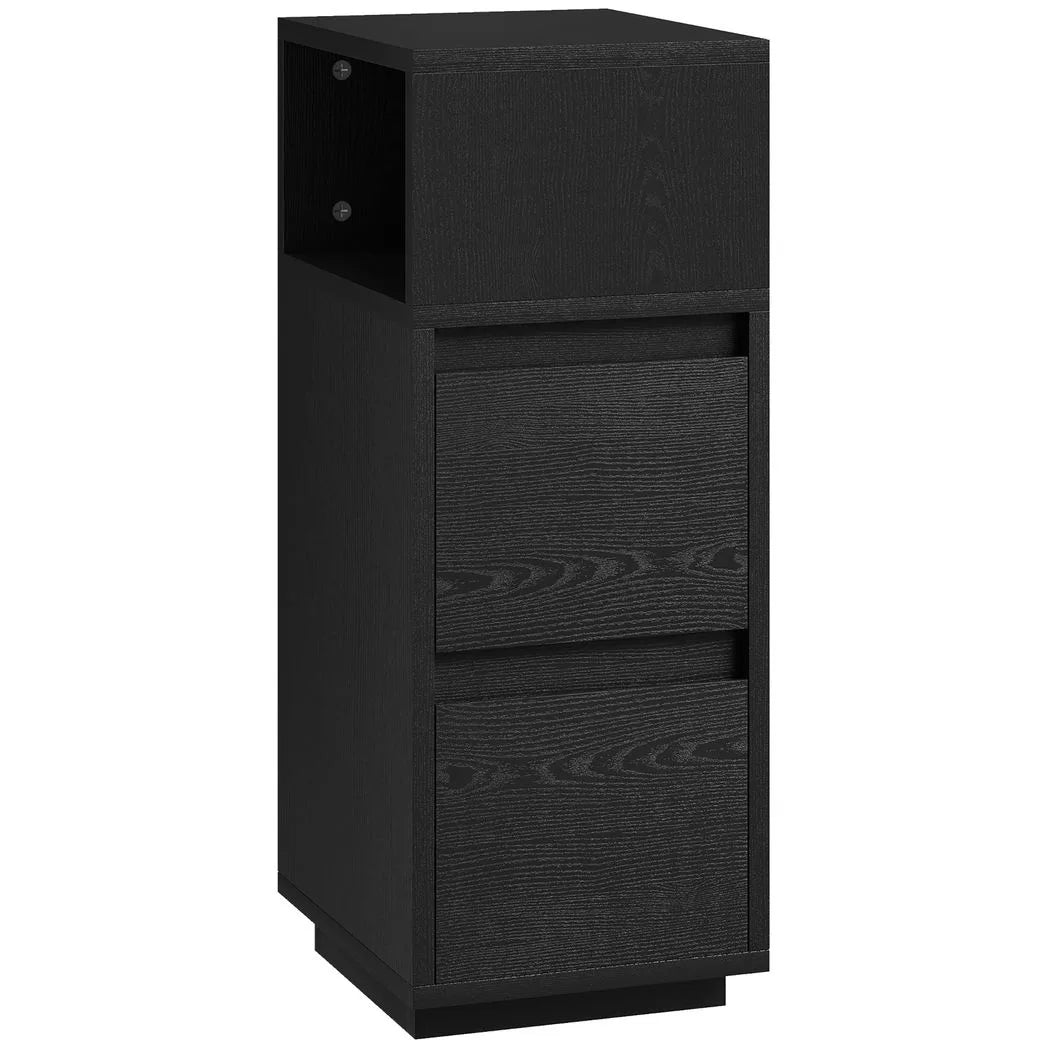 HOMCOM Slim Bedside Table with Open Shelf and 2 Drawers – Narrow Bedside Cabinet for Bedroom or Living Room, Black