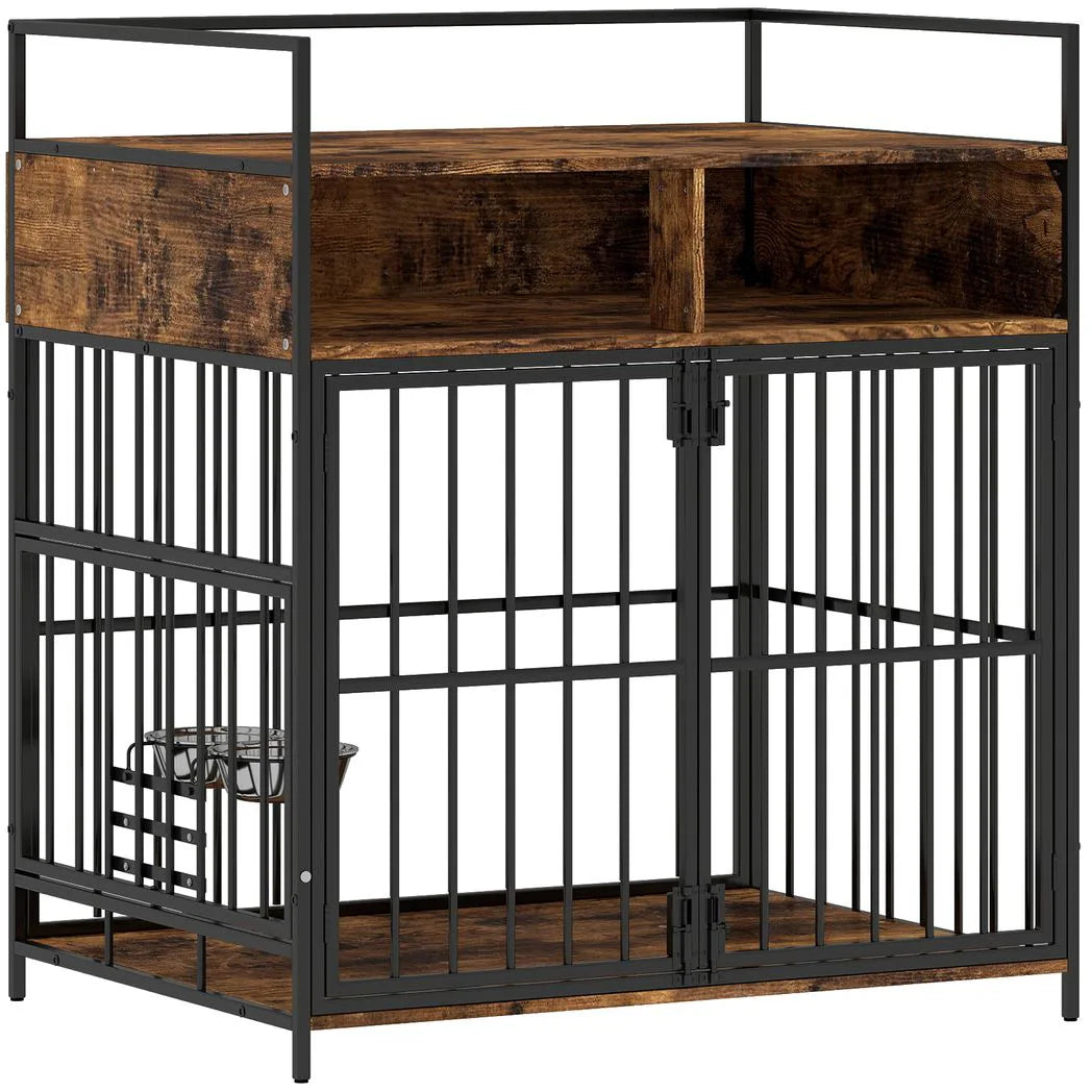 PawHut Dog Crate Furniture with Rotatable Feeding Station and Shelves – Indoor End Table Kennel, Brown