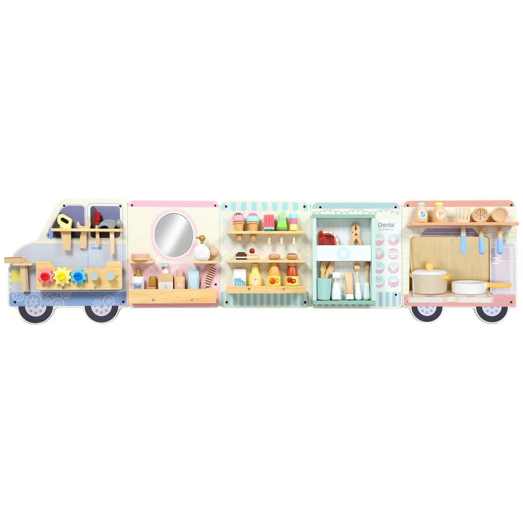 AIYAPLAY Wooden Busy Board with 5 Role Play Scenes – Wall Mounted Activity Panels for Kids, Truck Design