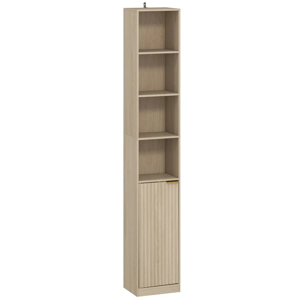 HOMCOM 6-Tier Bookcase with Adjustable Shelf, Cabinet and Anti-Tip Hardware – Slim Storage, Oak Effect