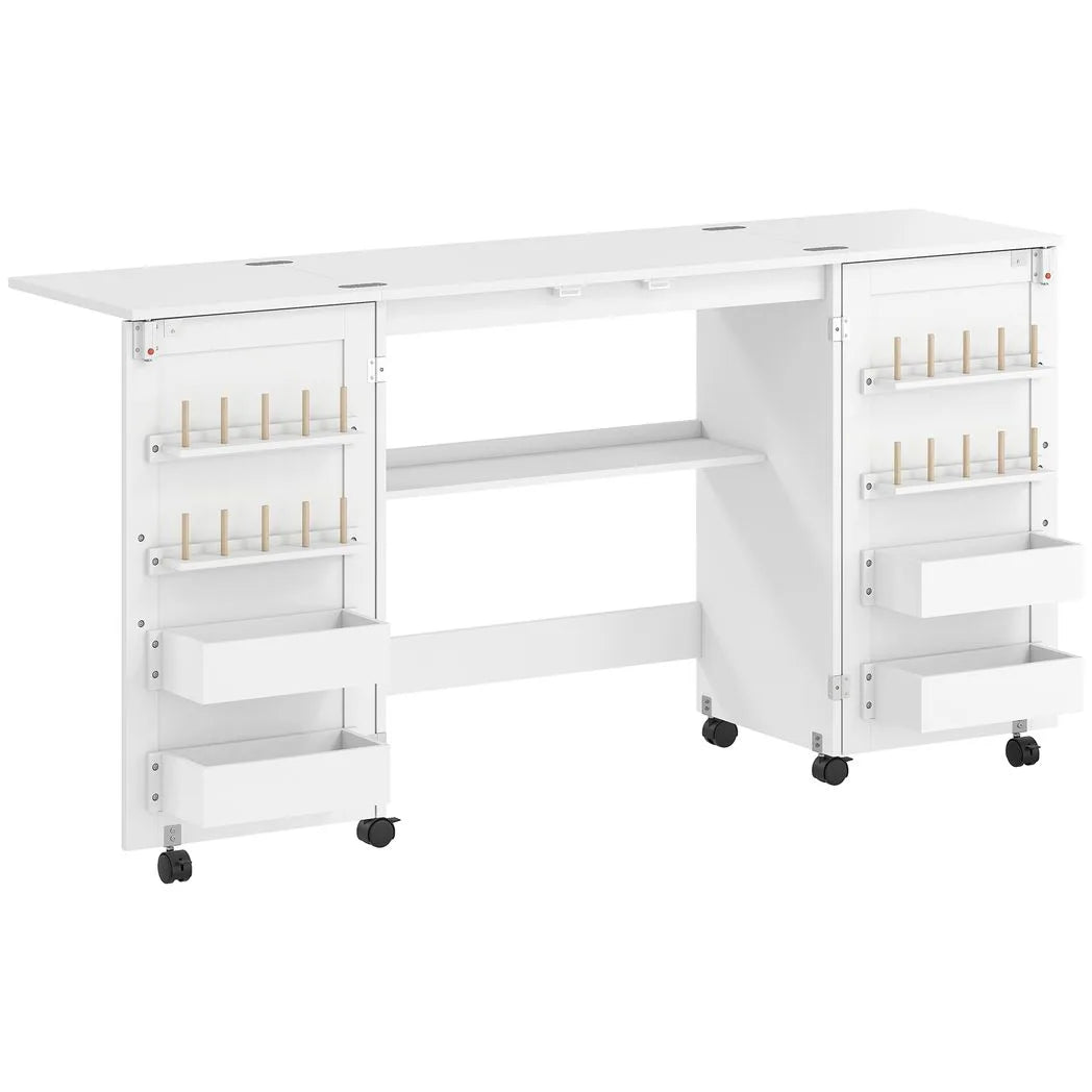 HOMCOM Folding Sewing Table with 2 Magnetic Doors and Lockable Wheels – Craft Cabinet, White