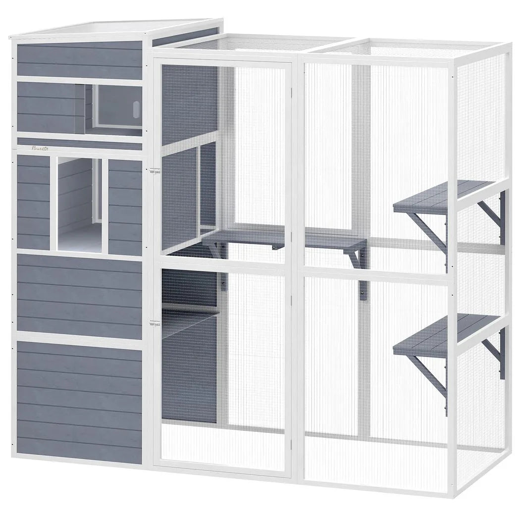PawHut 4-Tier Wooden Catio Outdoor Cat Enclosure with Sun Roof, Resting Rooms, 3 Platforms & Window, Grey
