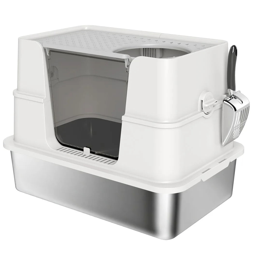 PawHut XL Stainless Steel Litter Box with 100° Flip Top, Scoop & Dual Entry – Odour-Free, Easy-Clean