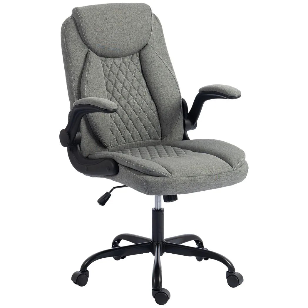 HOMCOM Linen-Look Executive Office Chair with Flip-Up Armrests & Thick Cushion – Computer Desk Chair, Grey