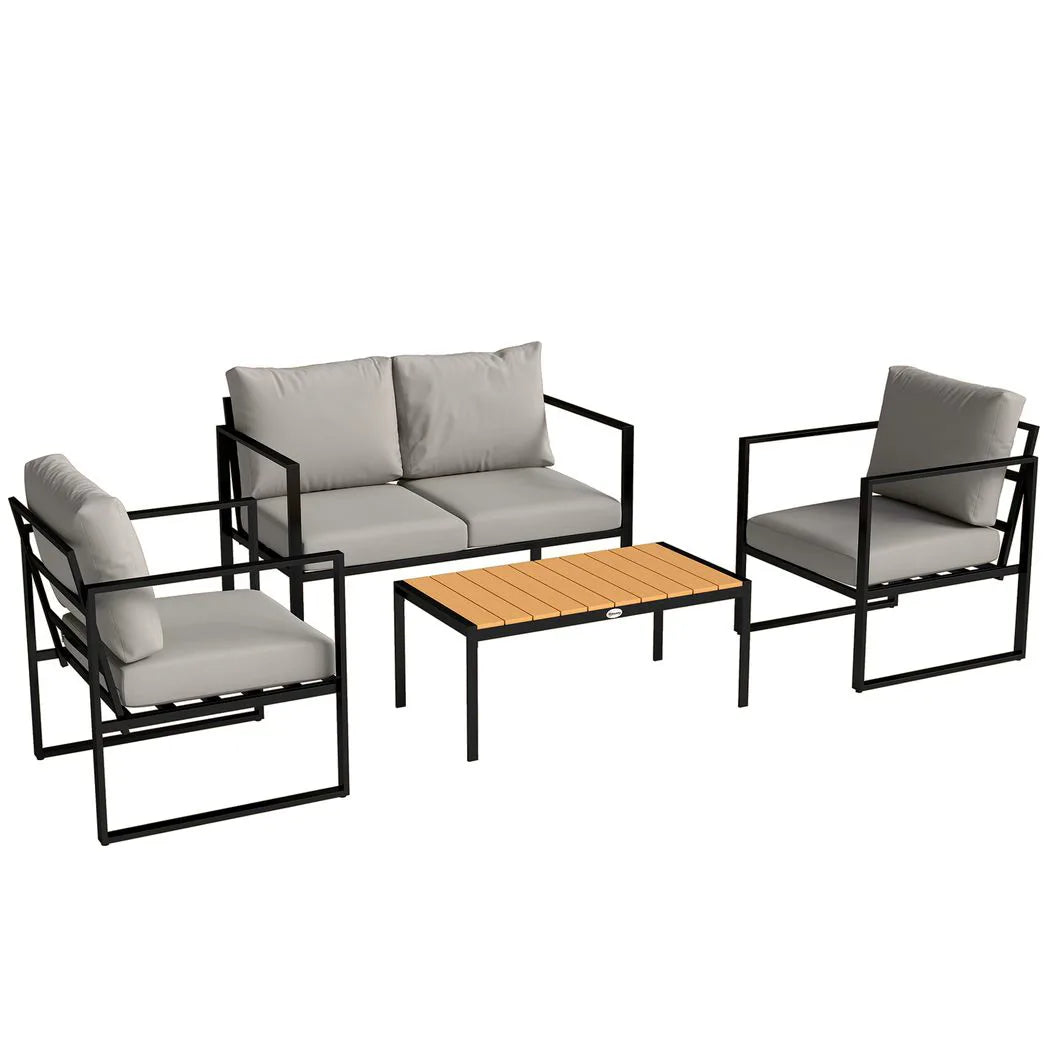 Outsunny 4 Piece Garden Furniture Set with Loveseat, 2 Armchairs and Slatted Coffee Table – Cushioned Patio Set