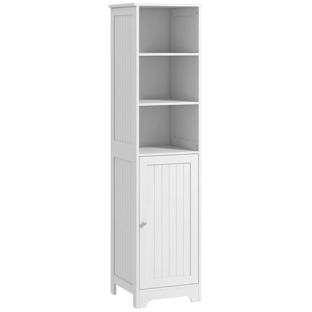 HOMCOM Slim Tall Bathroom Storage Cabinet with 3 Open Shelves and Adjustable Shelf – Space-Saving, White