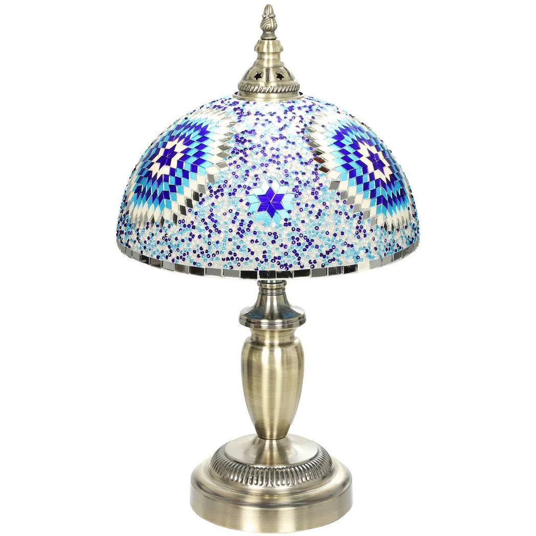 HOMCOM 30cm Tiffany-Style Table Lamp with Stained Glass Shade and Metal Base – Vintage Bedside Light, Blue