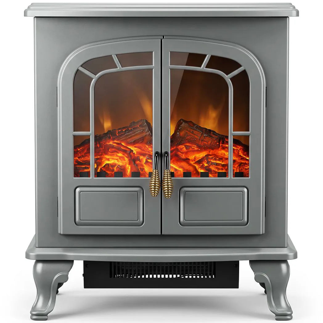 HOMCOM Freestanding Electric Fireplace Stove with LED Flame, 1000W/2000W Heater and Double Doors, Grey