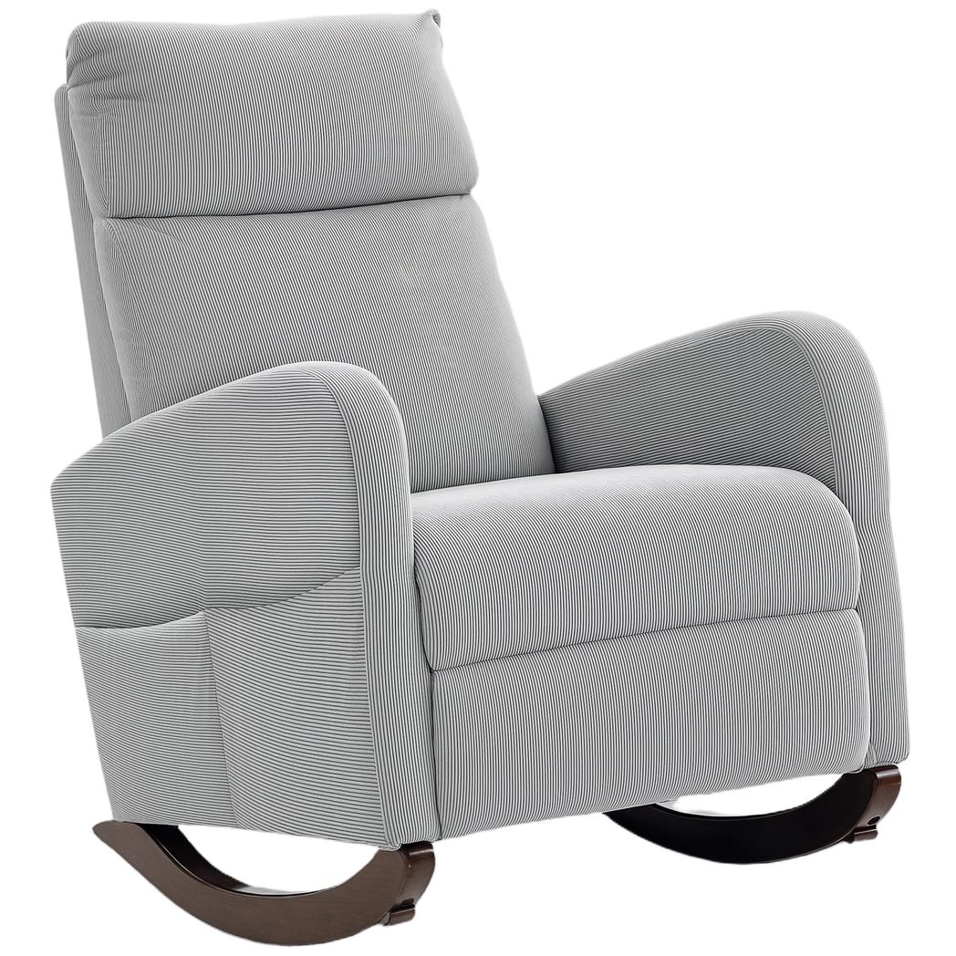 HOMCOM Corduroy Rocking Armchair with Thick Padding and Side Pockets – Relaxing Living Room Chair, Grey