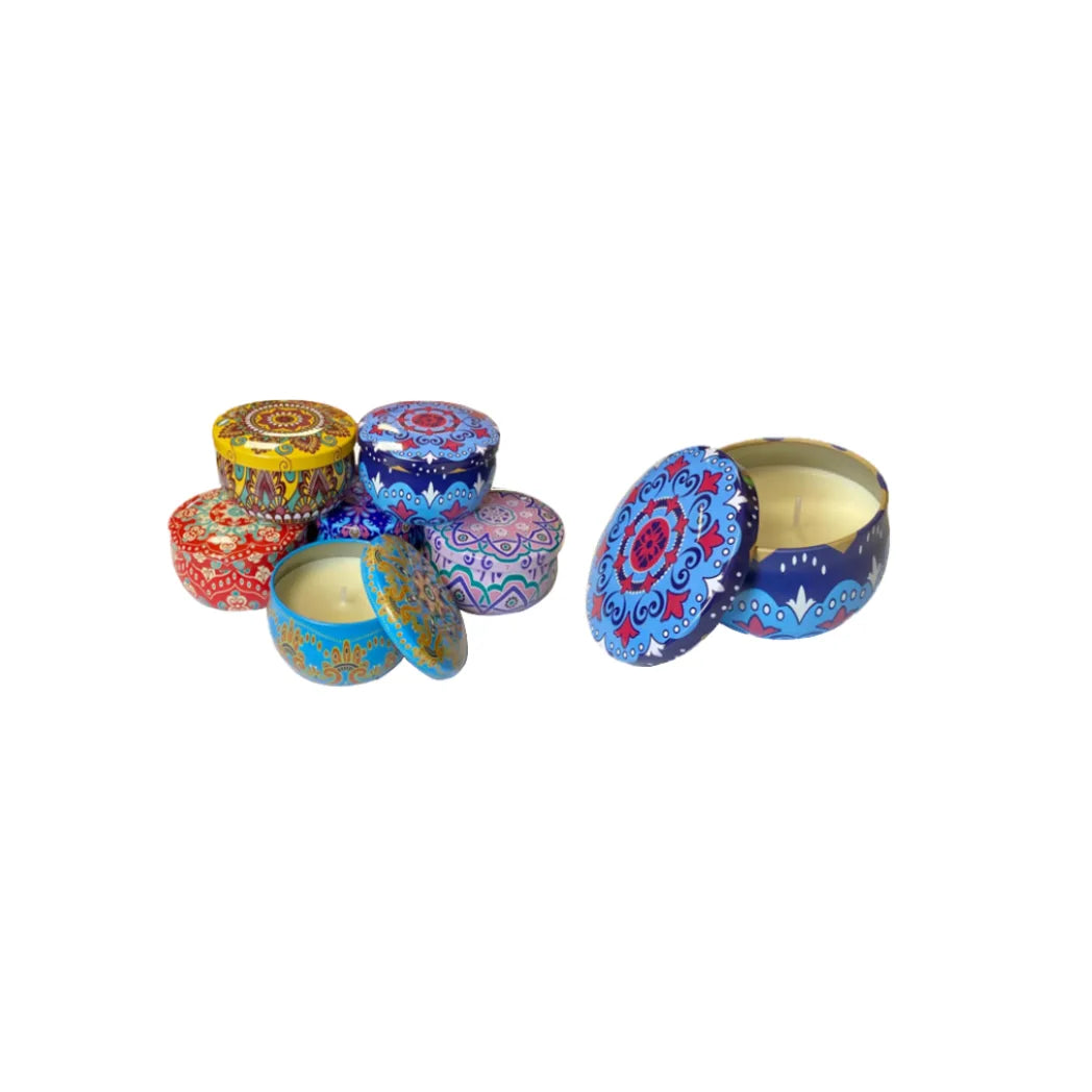 Scented Candle in Metal Jar with Printed Design – Home Fragrance, Assorted Designs