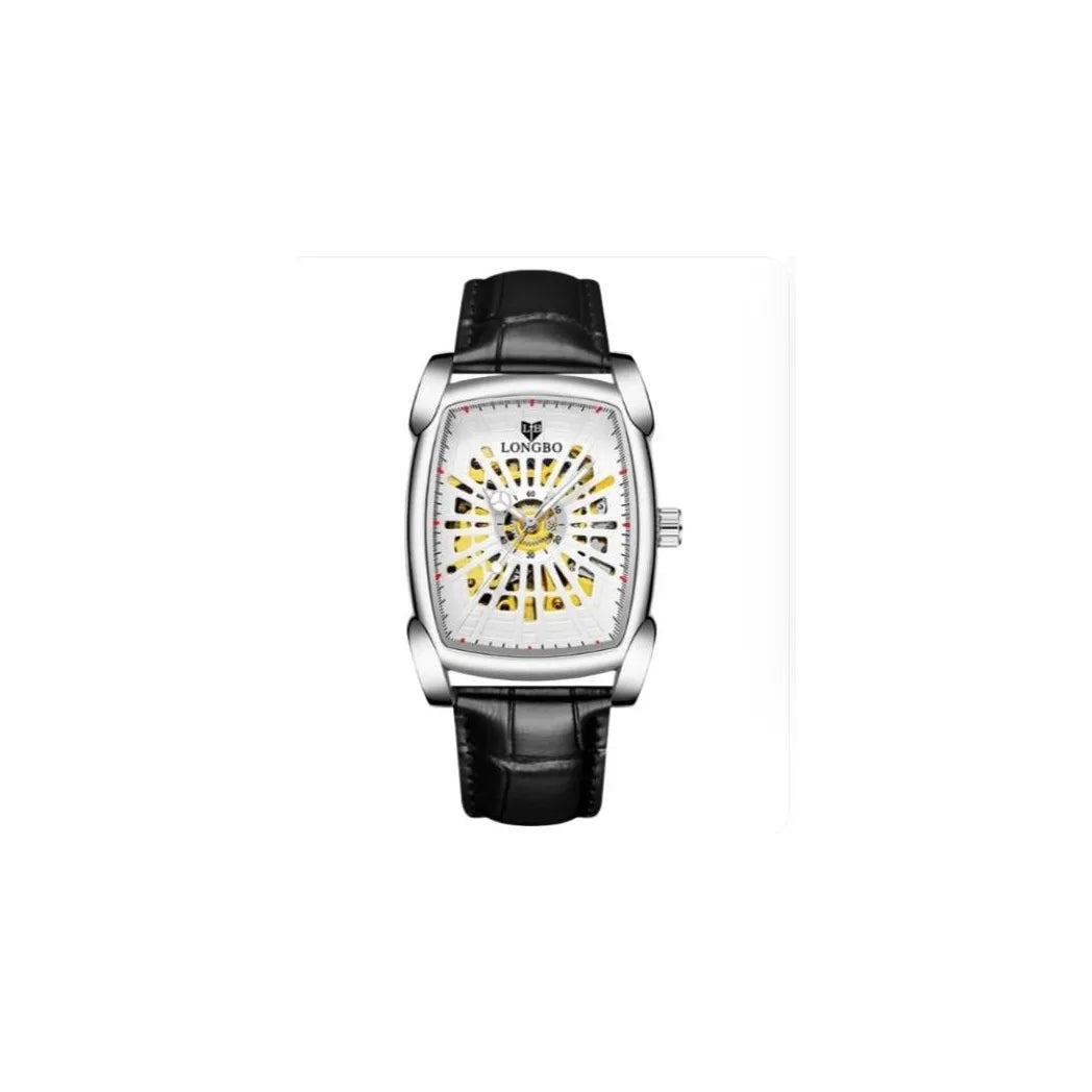 Longbo Mens Automatic Hollow mechanical Dial Analogue Silver/Black Leather Strap Watch