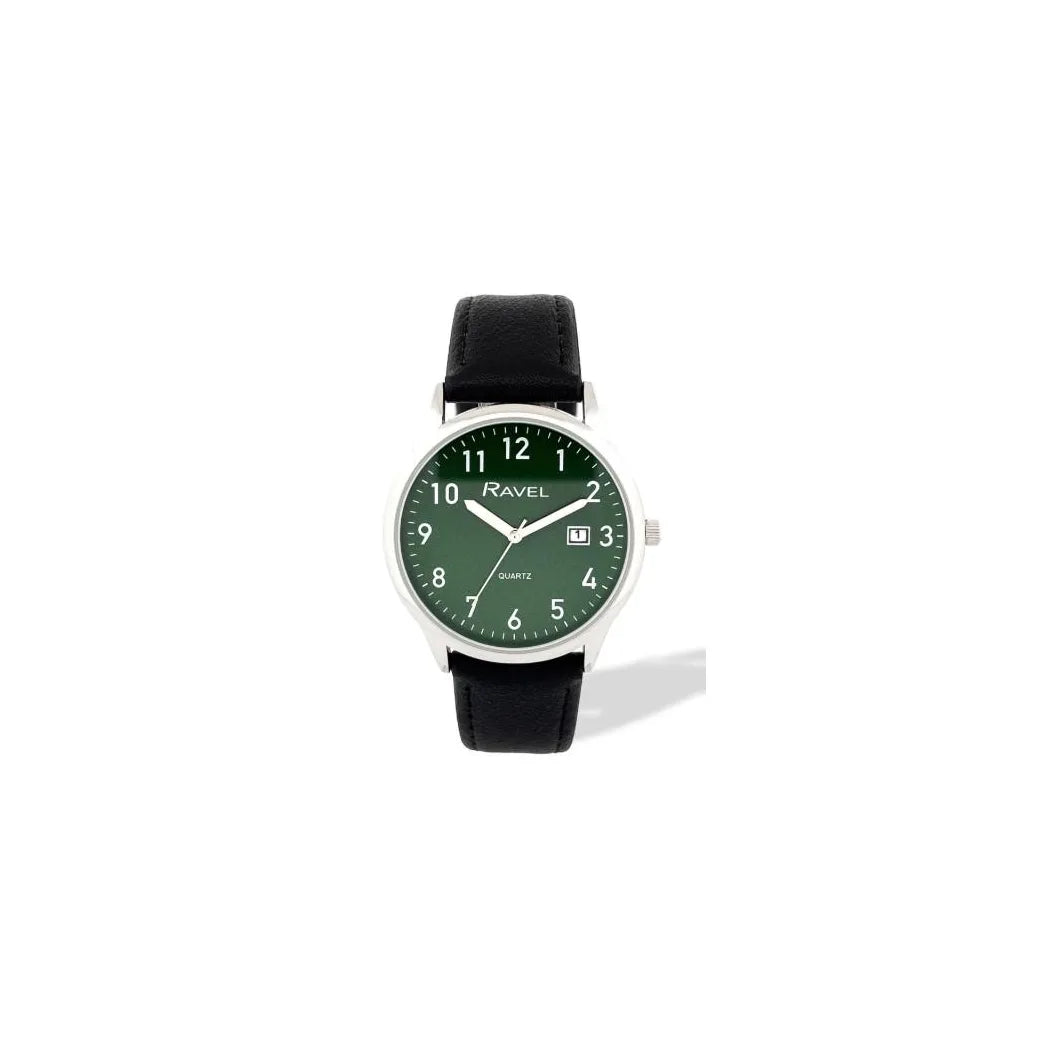 Ravel Men's Date Watch, Green Dial, Silver Case, Black Faux Leather Strap