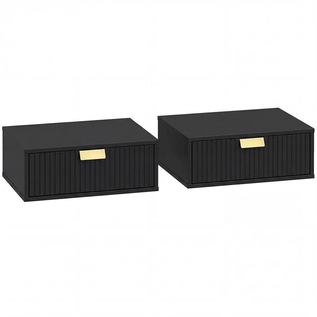 HOMCOM Set of 2 Floating Bedside Tables with Wave Drawer – Wall-Mounted Stackable Nightstands, Black