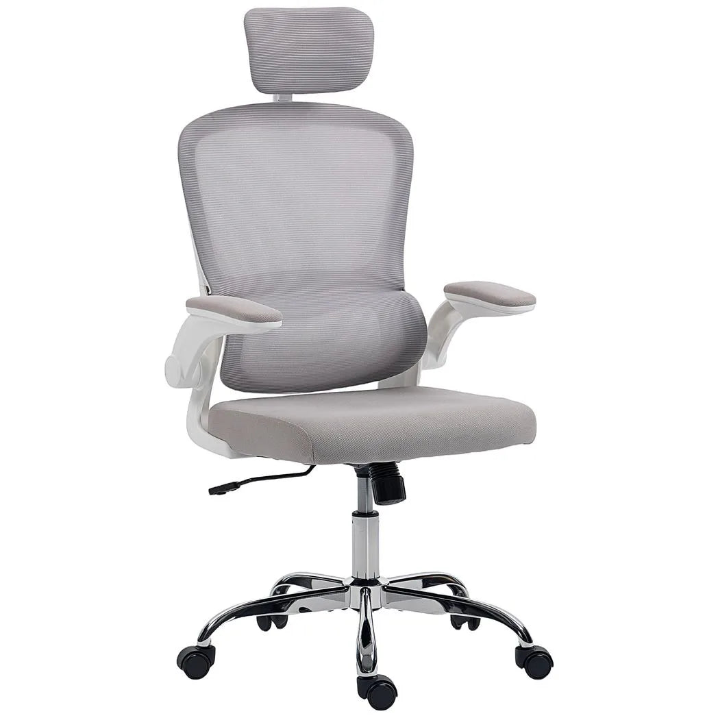 HOMCOM Mesh Back Office Chair with Lumbar Support, Headrest & Flip-Up Armrests – Ergonomic Desk Chair, Grey