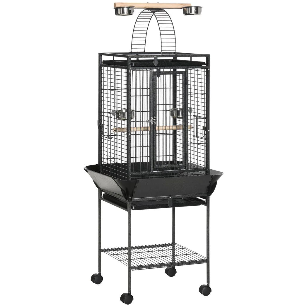 PawHut 156cm Parrot Cage with Open Play Top, Perches, Seed Guard & Wheels – Large Bird Cage, Dark Grey