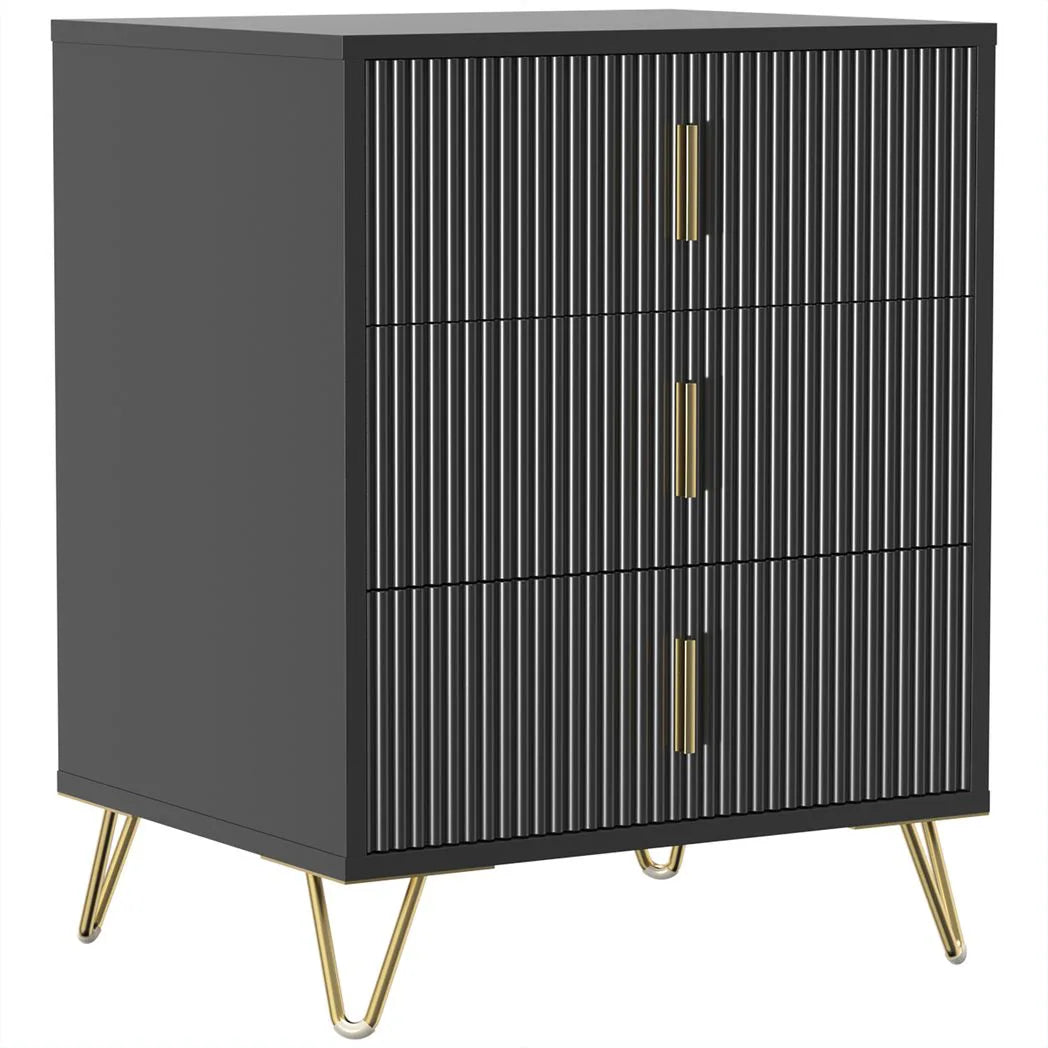 HOMCOM Modern Fluted 3 Drawer Dresser with Metal Legs and Gold-Colour Handles – Bedroom & Hallway Chest of Drawers, Black