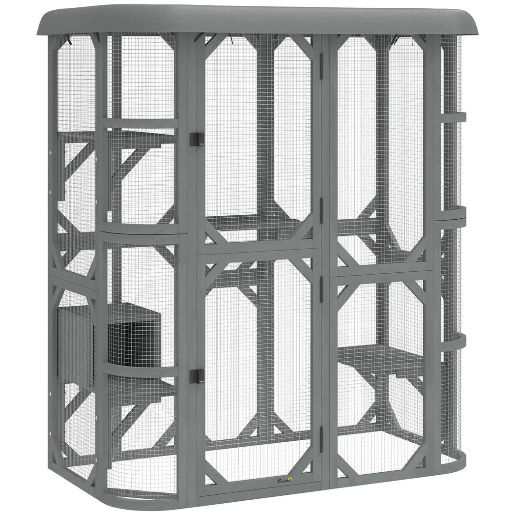 PawHut Outdoor Catio Cat Enclosure with Platforms, Condo and Waterproof Cover – Wooden, Grey