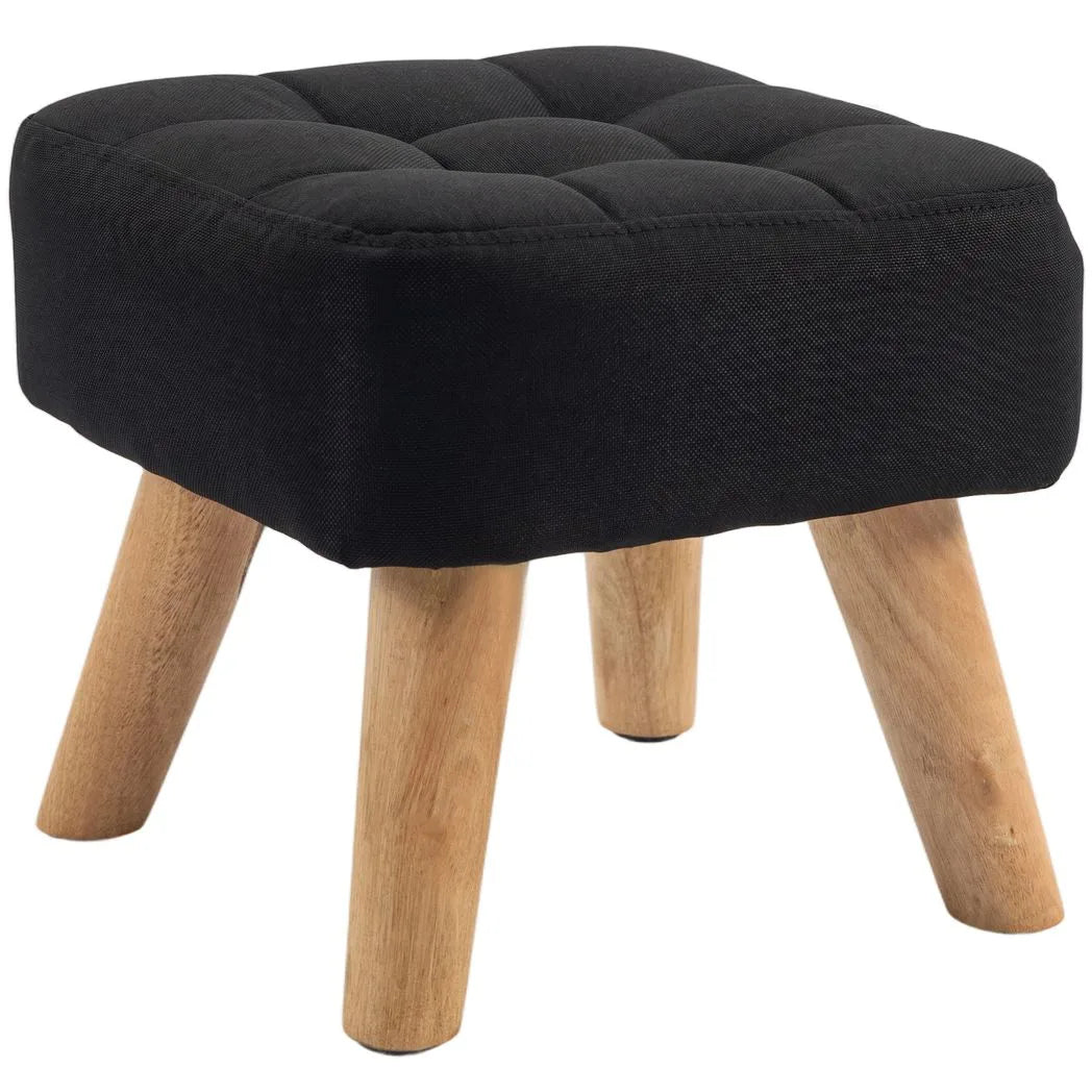 HOMCOM Linen-Look Square Padded Footstool with Wooden Legs – Leg Rest and Vanity Stool, Black