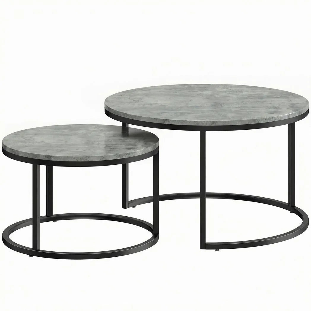 HOMCOM Set of Two Cement-Effect Nesting Coffee Tables with Steel Frame – Round Stacking Tables, Grey