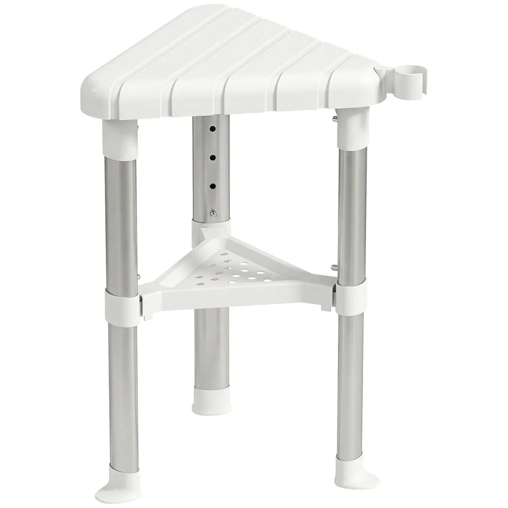 HOMCOM Corner Shower Stool with Storage Shelf, Aluminium Frame and HDPE Seat – Height Adjustable Chair, White