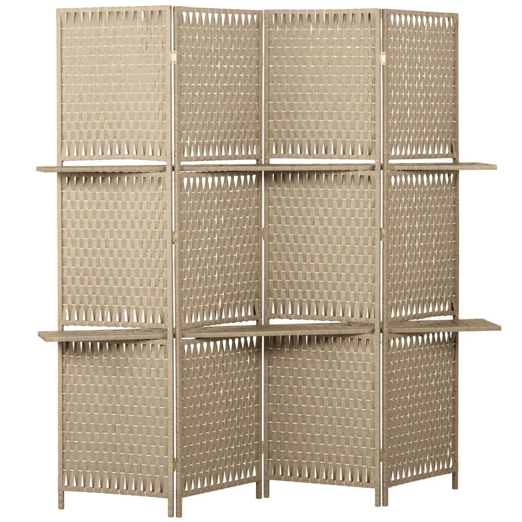 HOMCOM Wave Fibre Folding Privacy Screen with Two Shelves – Freestanding 4 Panel Room Divider, Natural Wood Finish