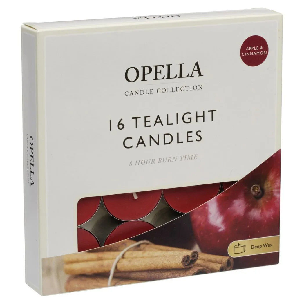 Opella Apple & Cinnamon Scented Tealight Candles, Pack of 16 – 8 Hour Burn Time