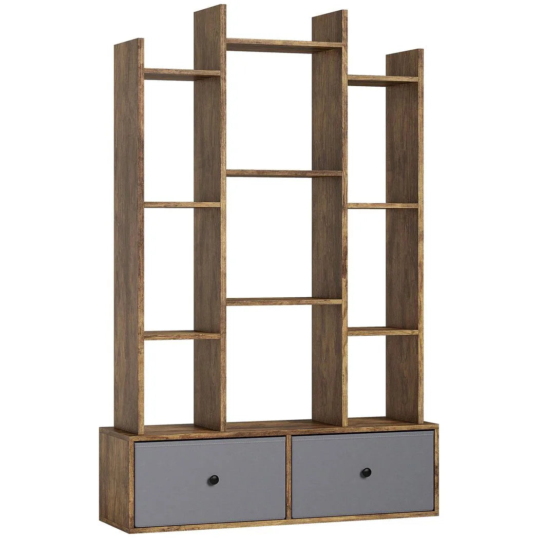 HOMCOM 12 Cube Storage Unit with 2 Removable Fabric Drawers – Geometric Bookcase & Display Shelf, Brown