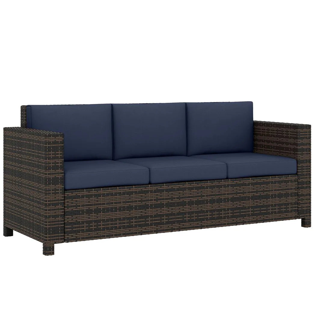 Outsunny 3-Seater Rattan Garden Sofa – Weather-Resistant Outdoor Sofa with Cushions, Dark Blue