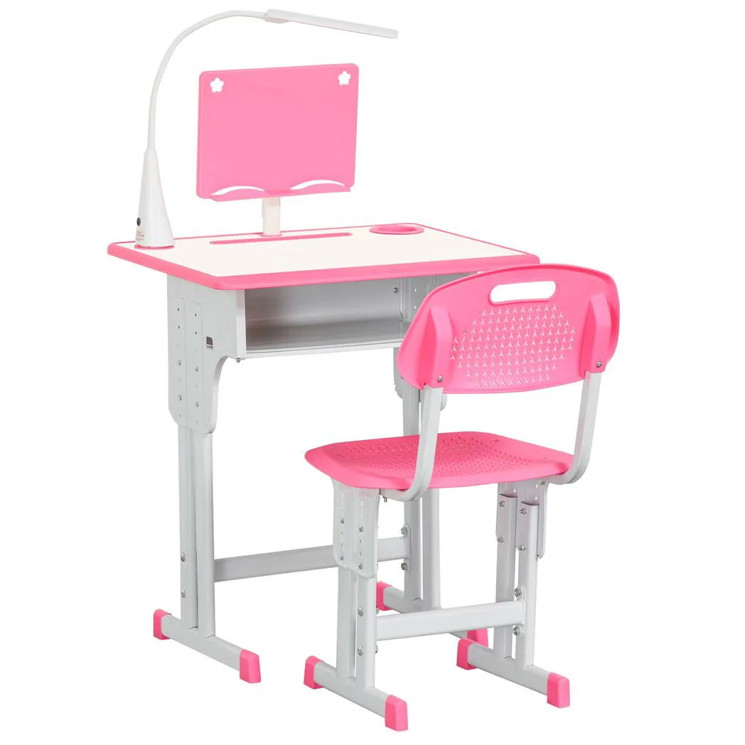 HOMCOM Kids Desk and Chair Set with Adjustable Height, Drawer & Book Stand – Study Table, Ages 6-12, Pink