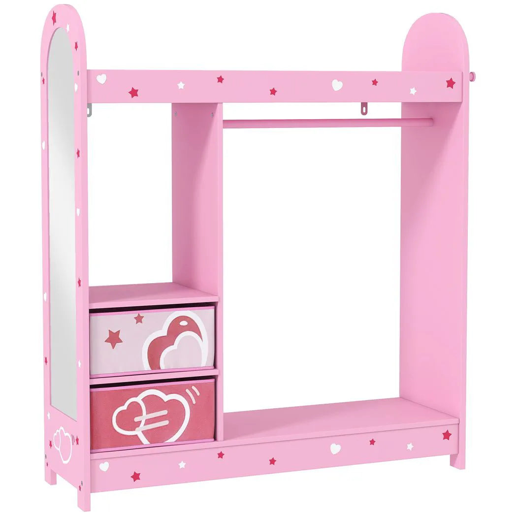 AIYAPLAY Kids Clothes Rail Wardrobe with Mirror, Shelves, Fabric Storage Boxes and Hooks – Bedroom and Nursery Storage, Pink