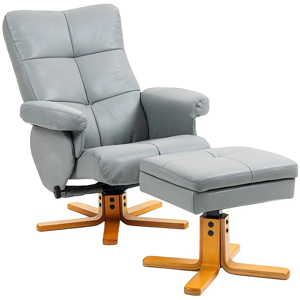 HOMCOM PU Leather Swivel Recliner Chair with Storage Footstool and Wooden Base – Living Room Armchair, Light Grey