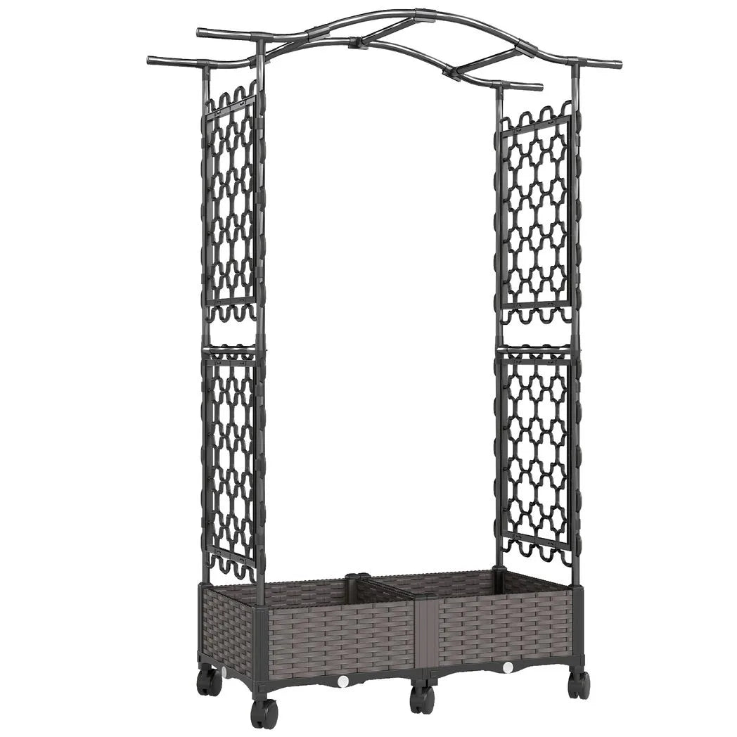 Outsunny Mobile Raised Garden Bed with Arch Trellis – Self-Watering 2 x 24L Planter Boxes on Wheels