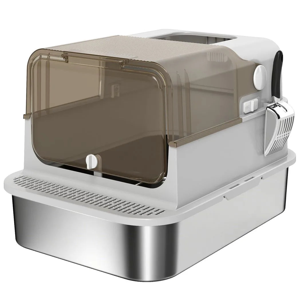 PawHut XXL Stainless Steel Cat Litter Box with 90° Flip Cover, Double Doors & Scoop – Enclosed, Grey