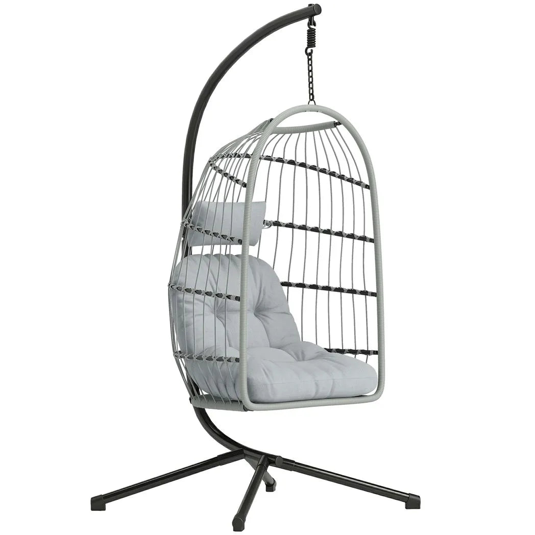 Outsunny Hanging Egg Chair with Stand – Indoor Outdoor Swing Chair with Foldable Basket, Cushions & Safety Strap, Light Grey