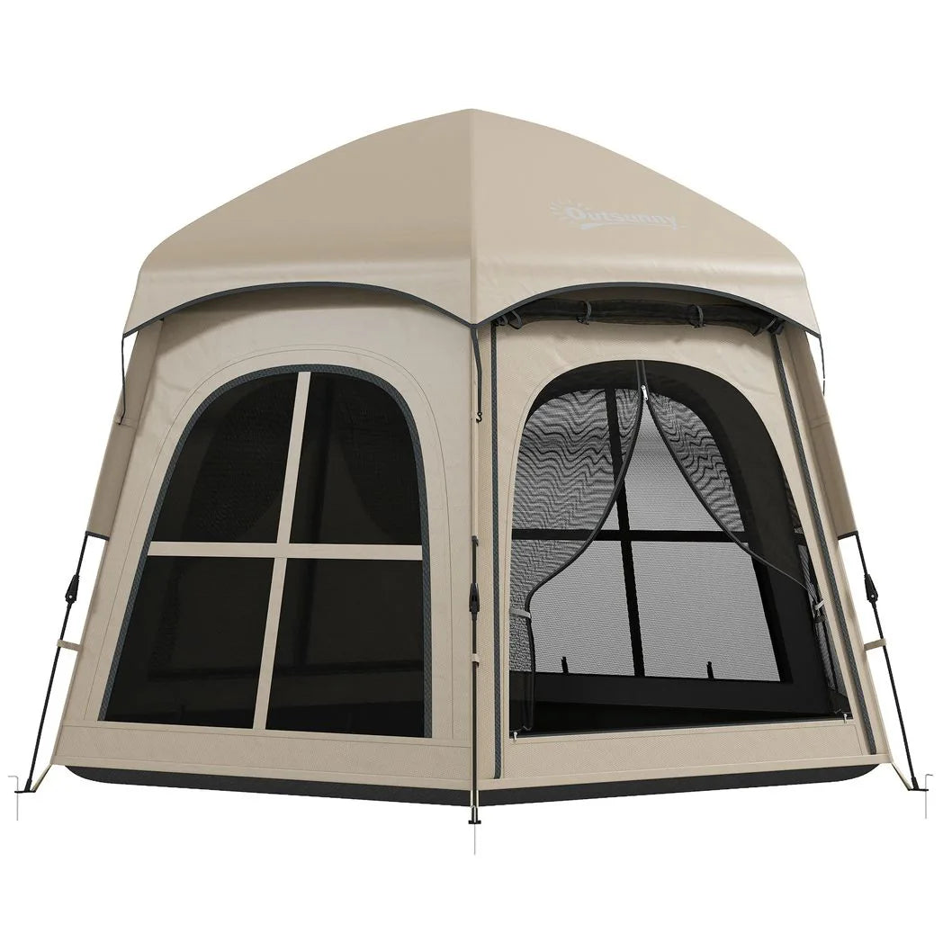 Outsunny Pop Up Tent for 3-4 Persons with 2 Doors & 4 Windows – 3000mm Waterproof Blackout Camping Tent, Khaki