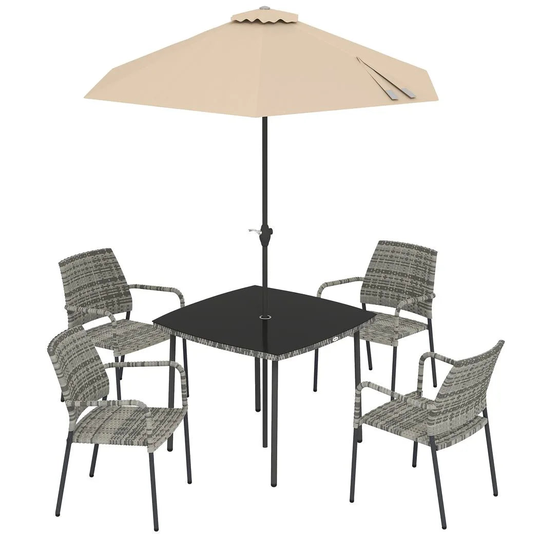 Outsunny 6-Piece Rattan Garden Dining Set with Parasol – Square Table with Tempered Glass Top and 4 Stackable Armchairs