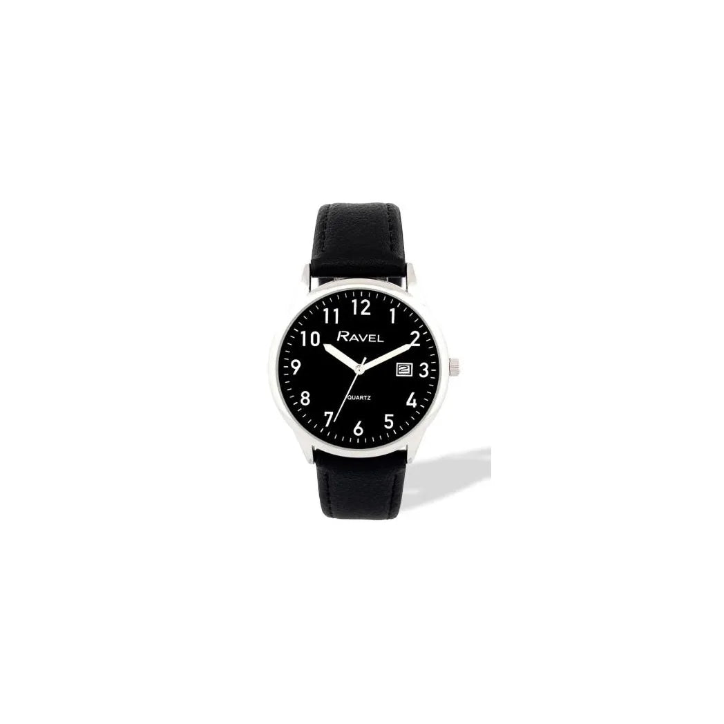 Ravel Men's Silver-Tone Dated Watch with Black Dial and Black Faux Leather Strap