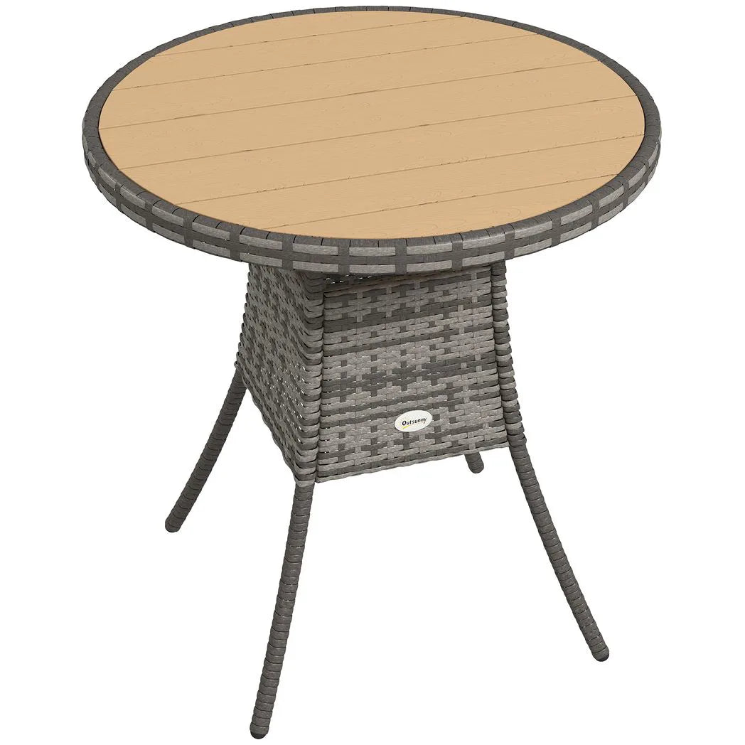 Outsunny 70 cm Round Rattan Garden Table with Slatted Wood-Effect Top, Natural