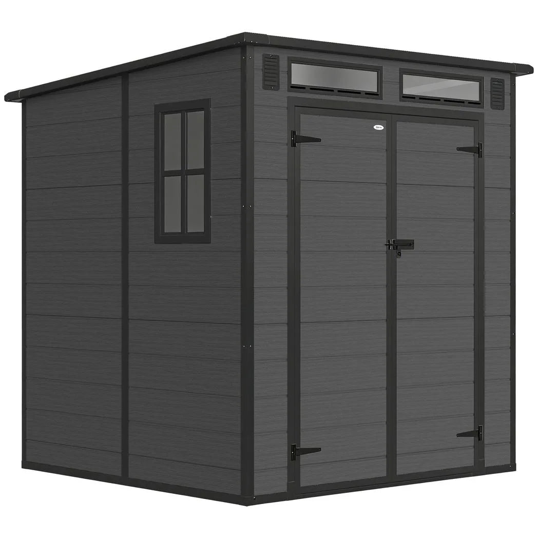 Outsunny 6 x 6ft Wood-Effect Plastic Garden Shed with Floor, Windows & Lockable Doors – Outdoor Storage, Dark Grey