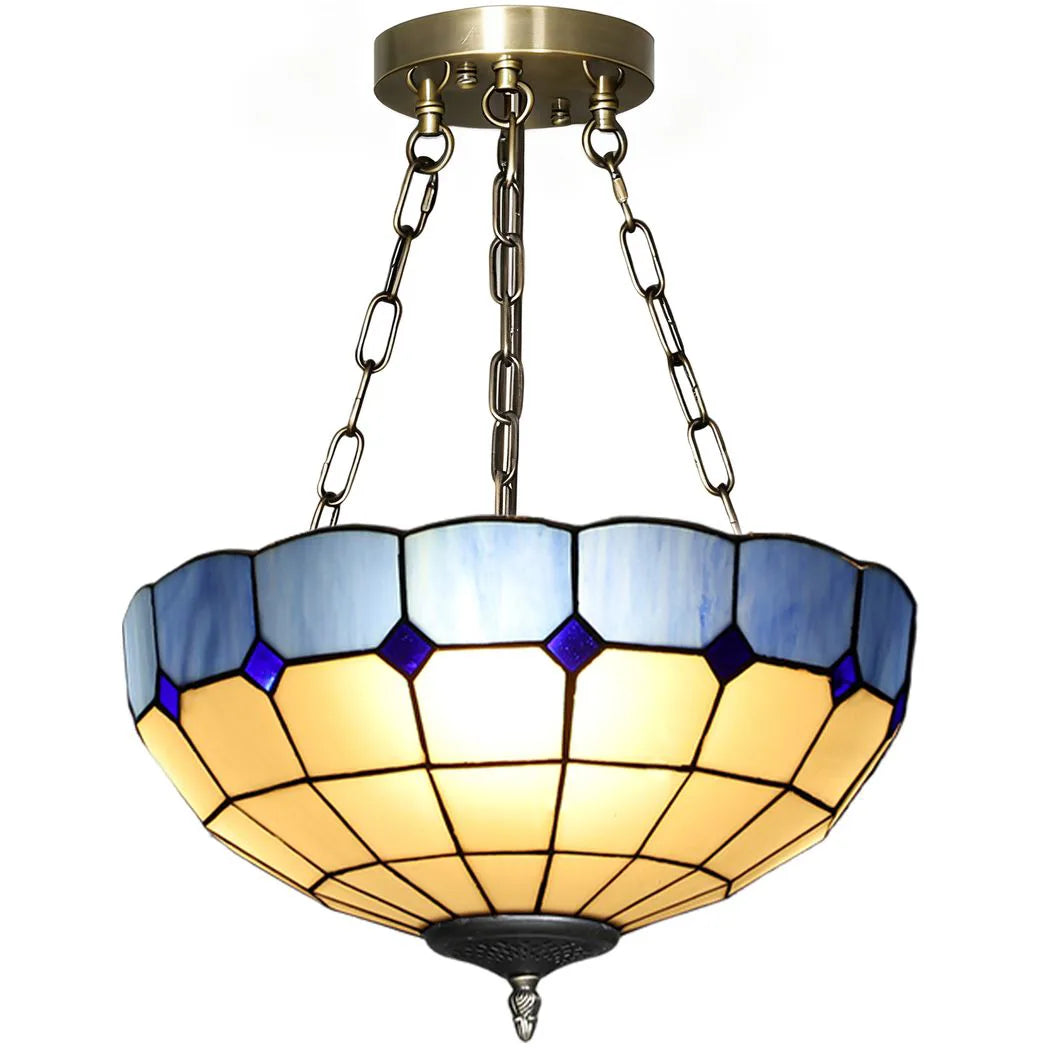 HOMCOM Tiffany Style Semi Flush Ceiling Light with 3 E27 Sockets – Vintage Stained Glass Chandelier for Living Room