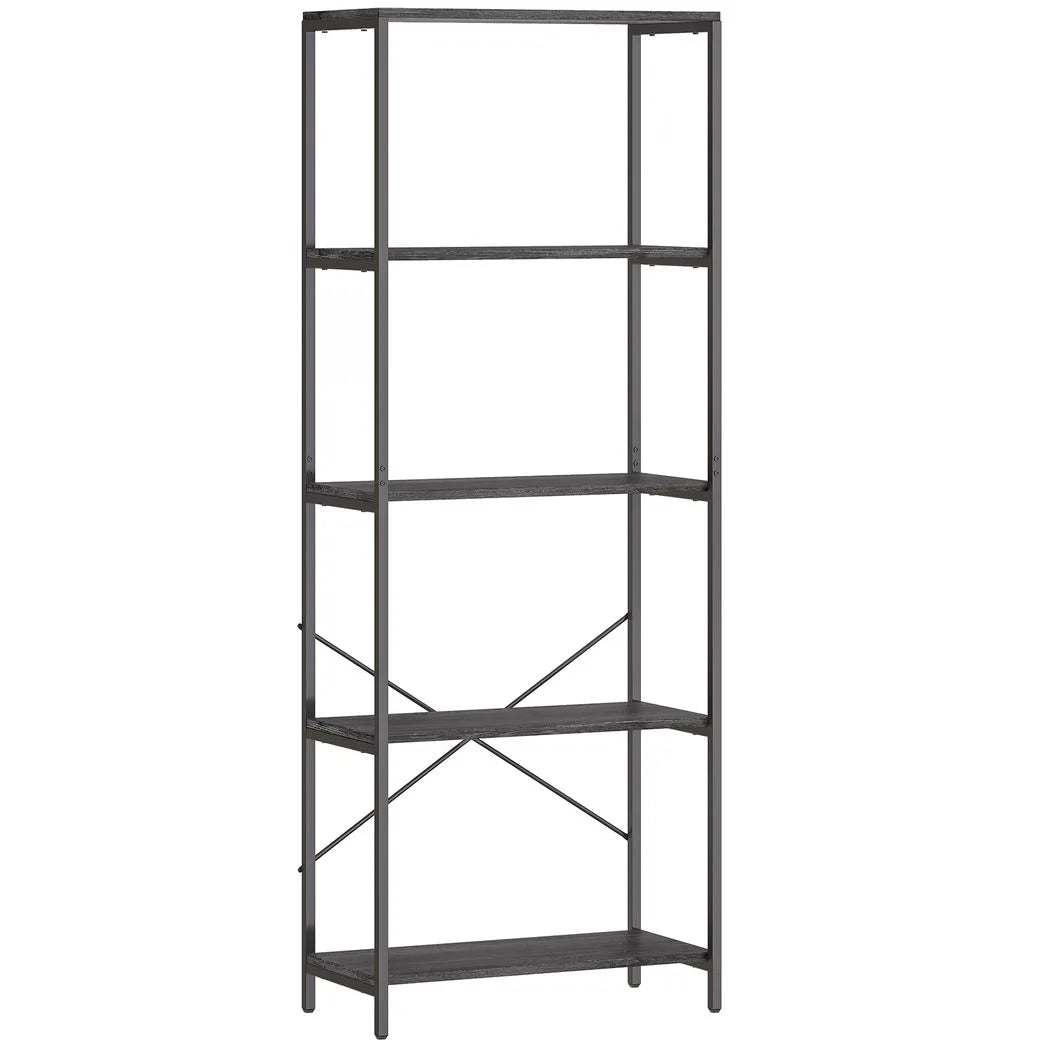 HOMCOM 5-Tier Industrial Bookcase with Metal Frame and Anti-Tipping Straps – Display Shelf, Dark Grey and Black