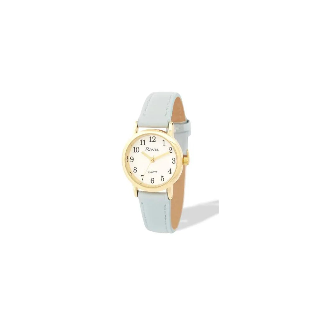 Ravel Ladies Gold-Tone Watch with White Dial and Light Blue Faux Leather Strap, Small Case